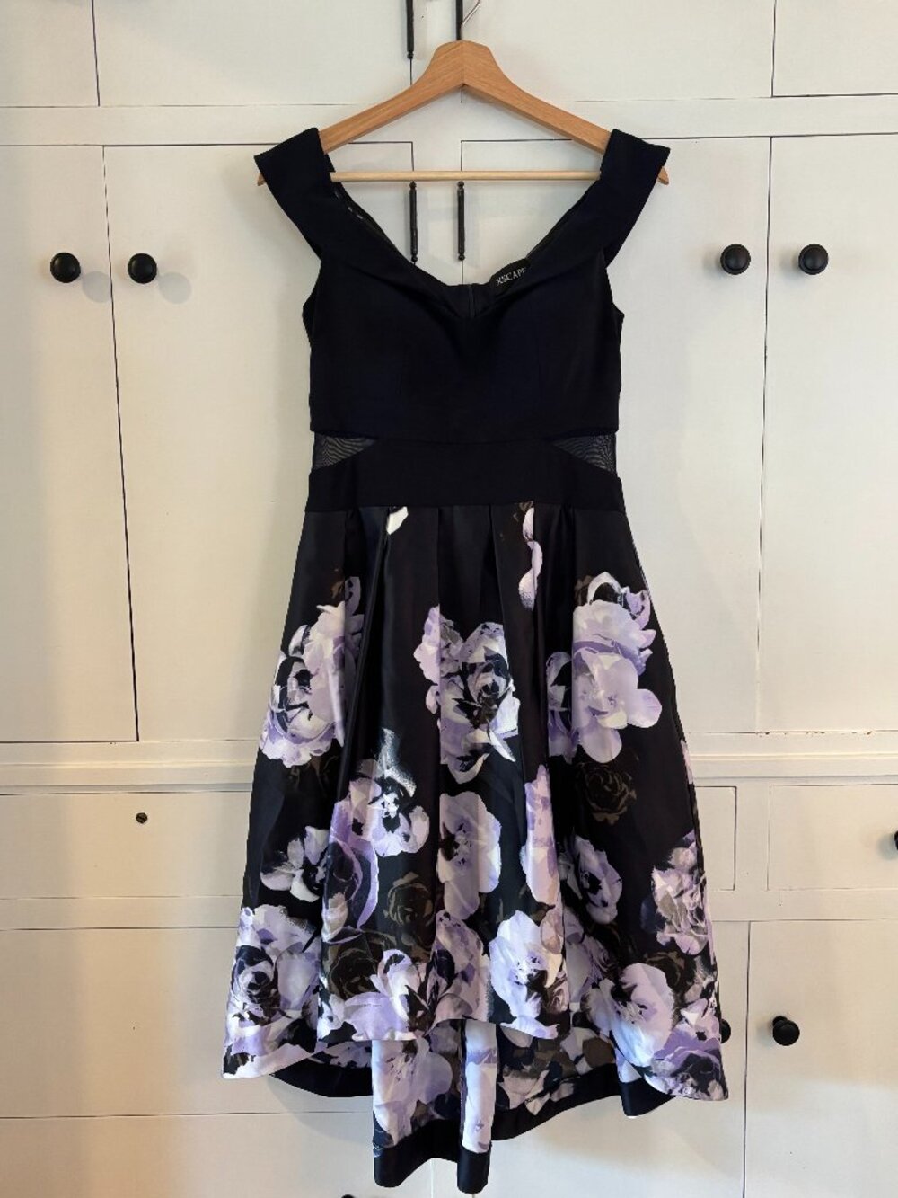 Xscape Navy and Lilac Off-the-Shoulder High Low Dress with Mesh Cutouts